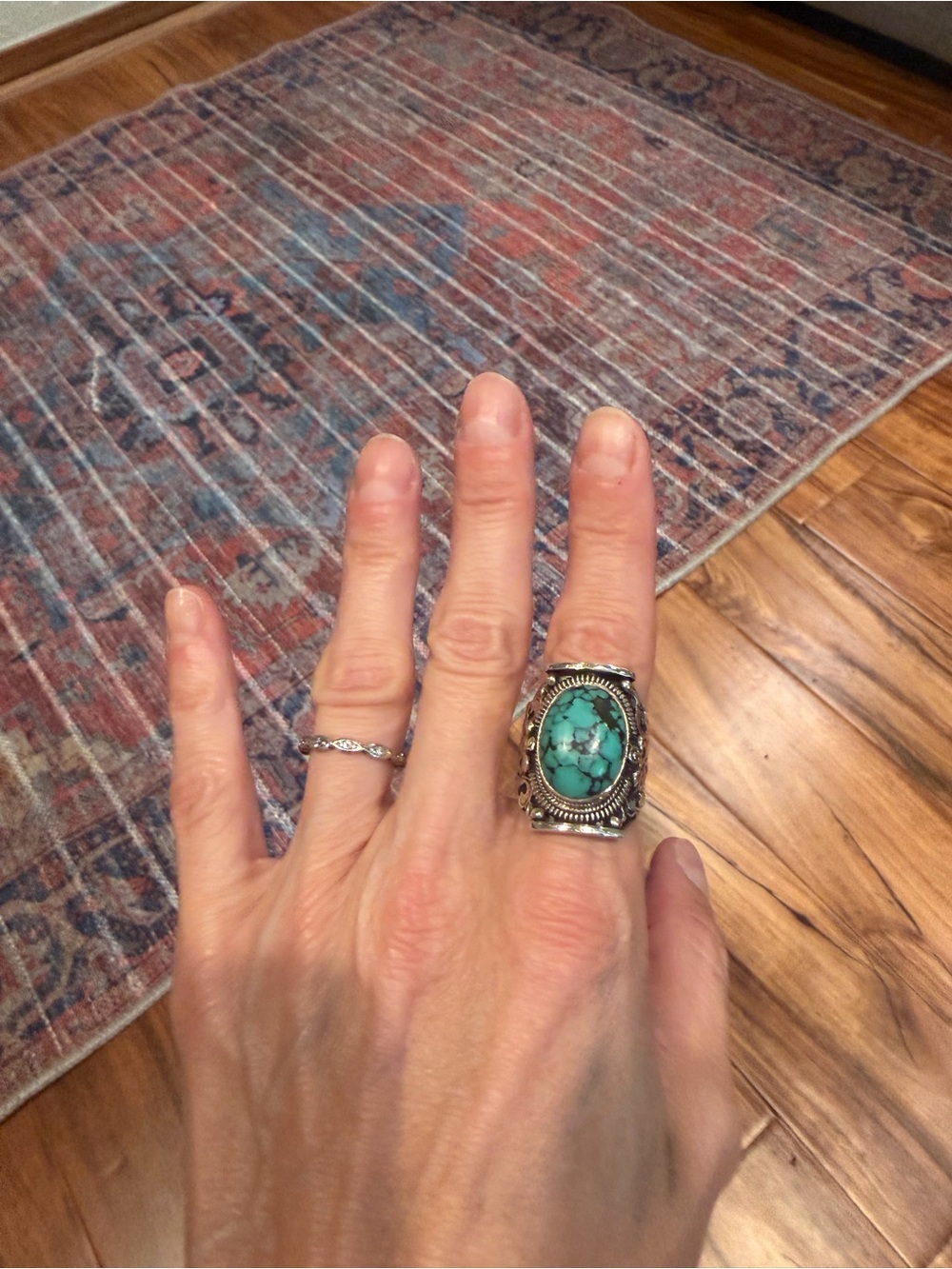 Huge Tibetan Sterling and Turquoise Saddle Ring RARE size 7.5